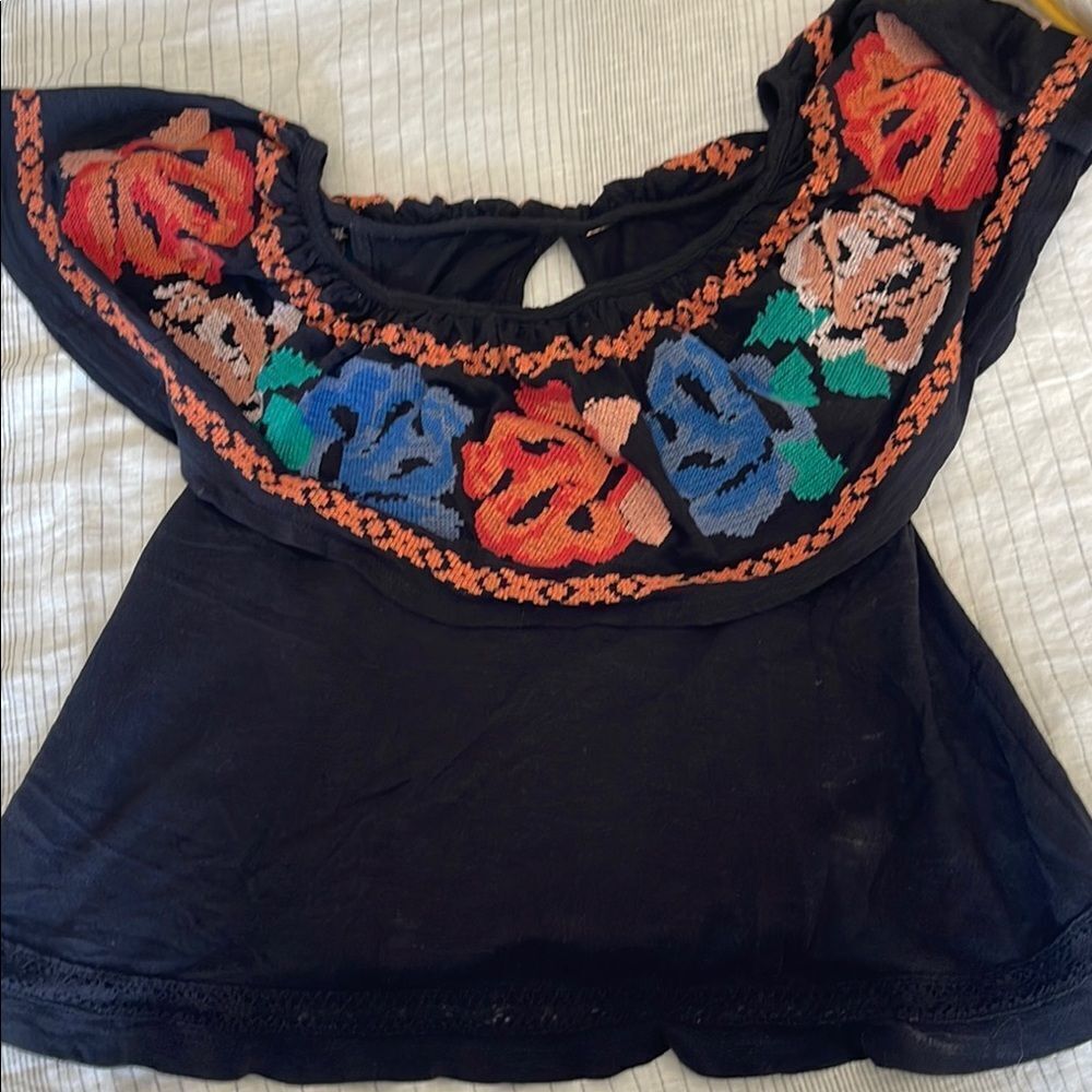 Free People Blue Embroidered Flutter Sleeve Blouse